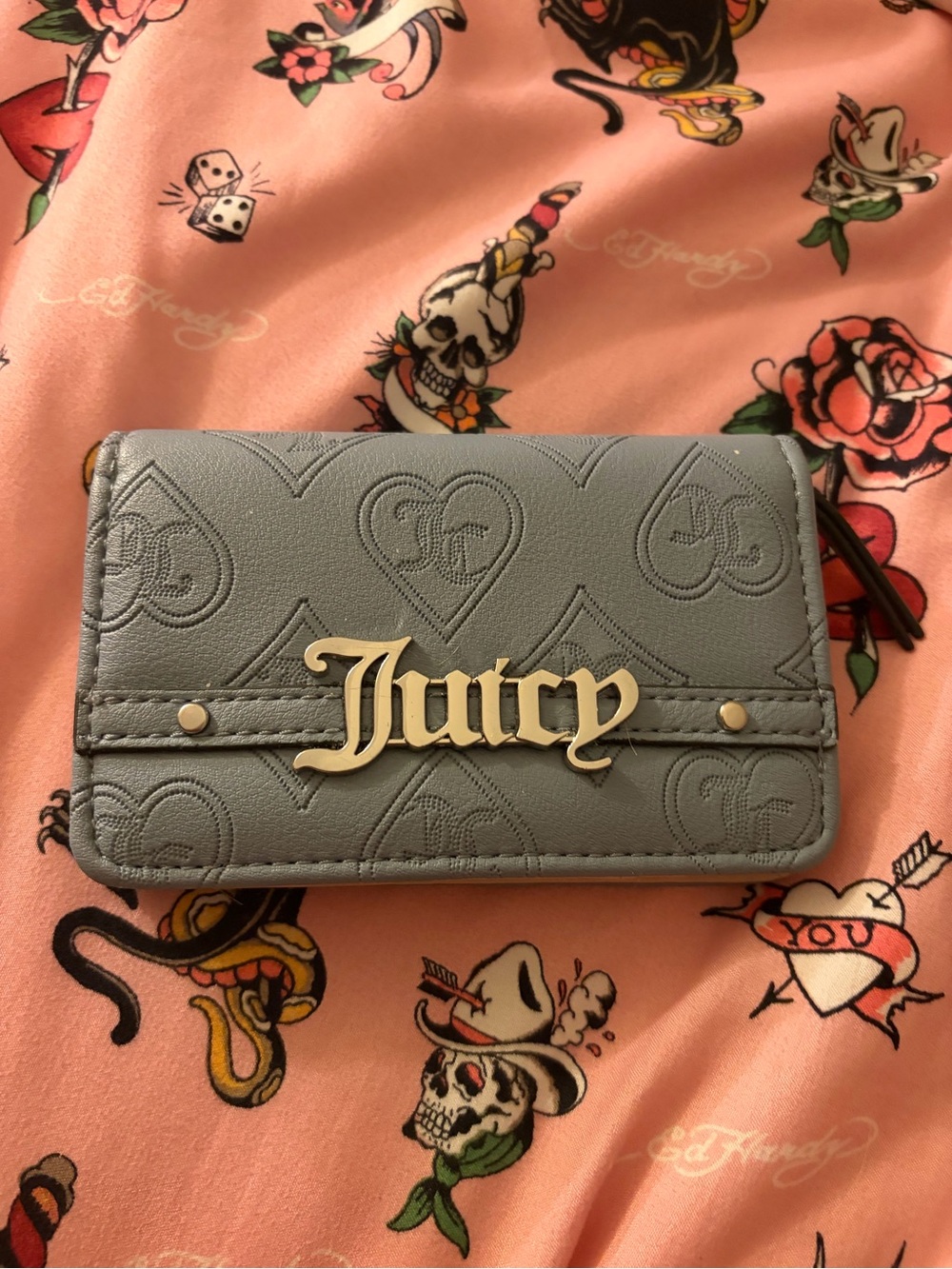 Juicy Couture Gray Embossed Heart Logo Wallet with Gold Script